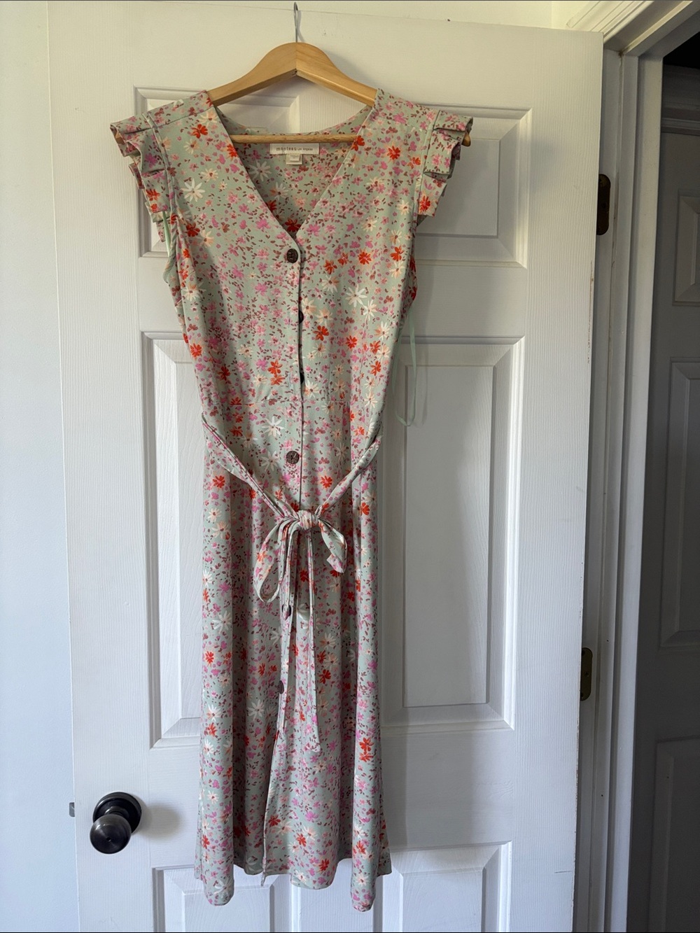 Monteau Floral Button-Front Midi Dress in Cream with Pink & Orange Accents